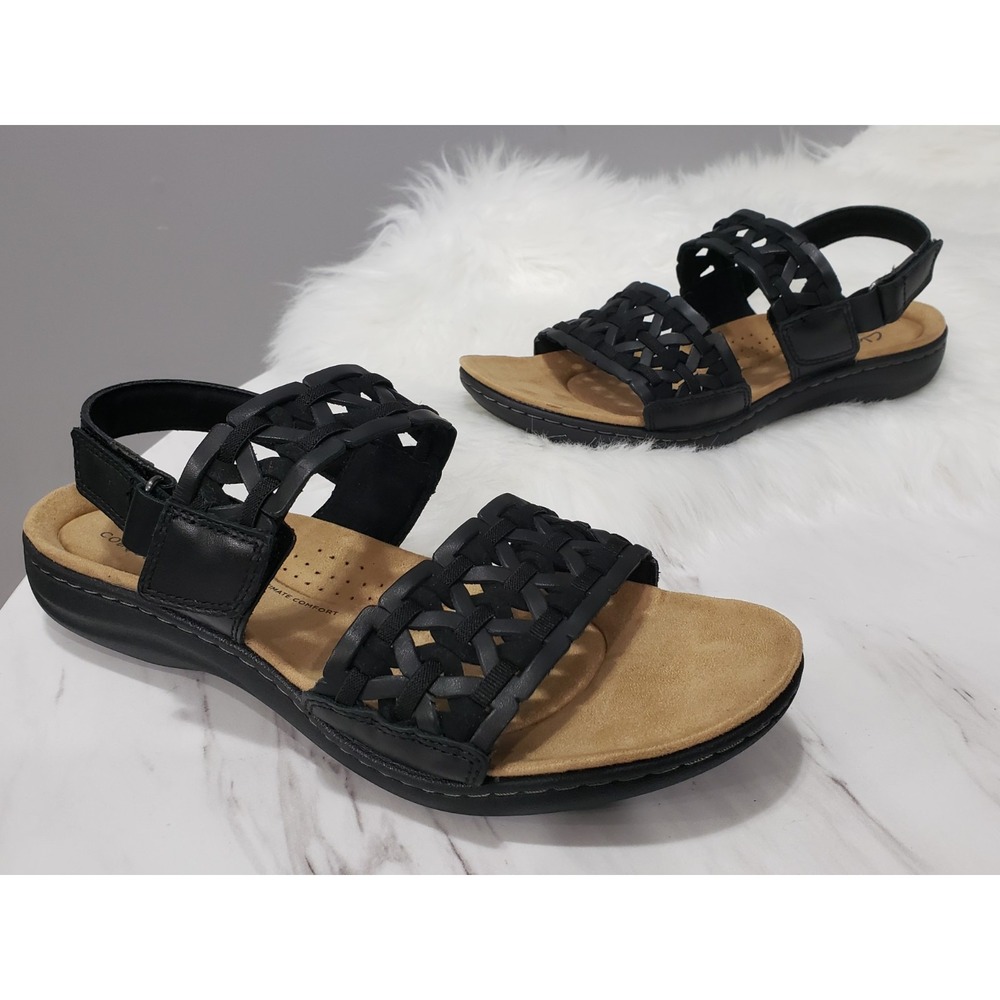 NEW NO BOX 10 WIDE Clarks Women's Laurieann Bell Black Leather OPEN TOE SANDALS